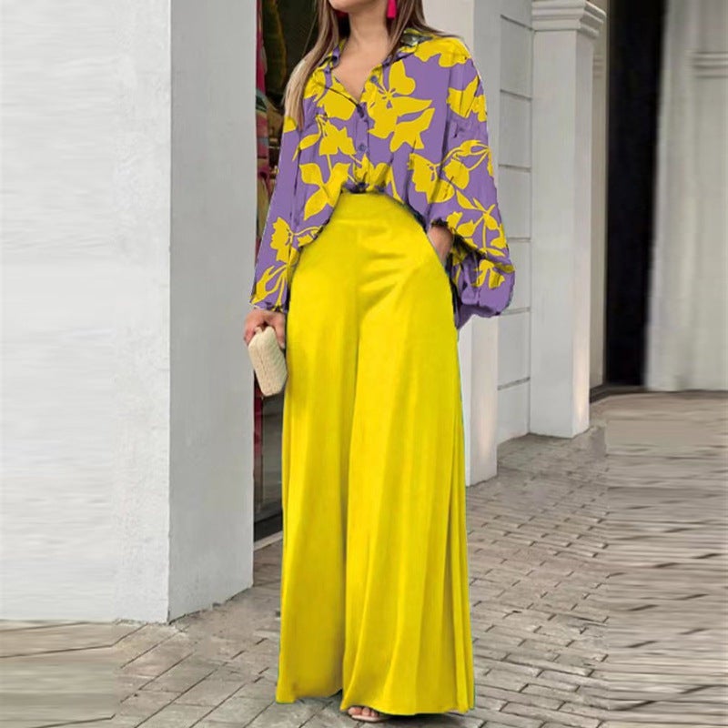 Yellow Printed Shirt And Solid Wide Leg Trouser Co-Ord Set